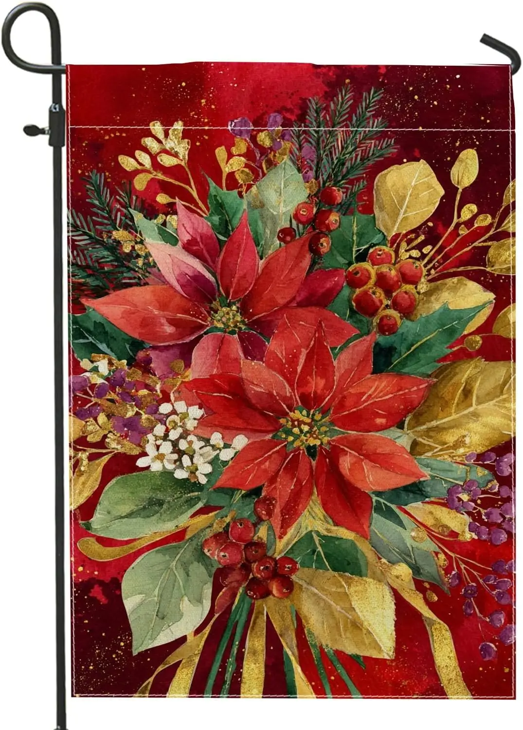 Poinsettia Garden Flag, Christmas Festive Berries Leaves Xmas Red Burlap Double Sided Yard Decorative Flags for Outdoor Lawn uui