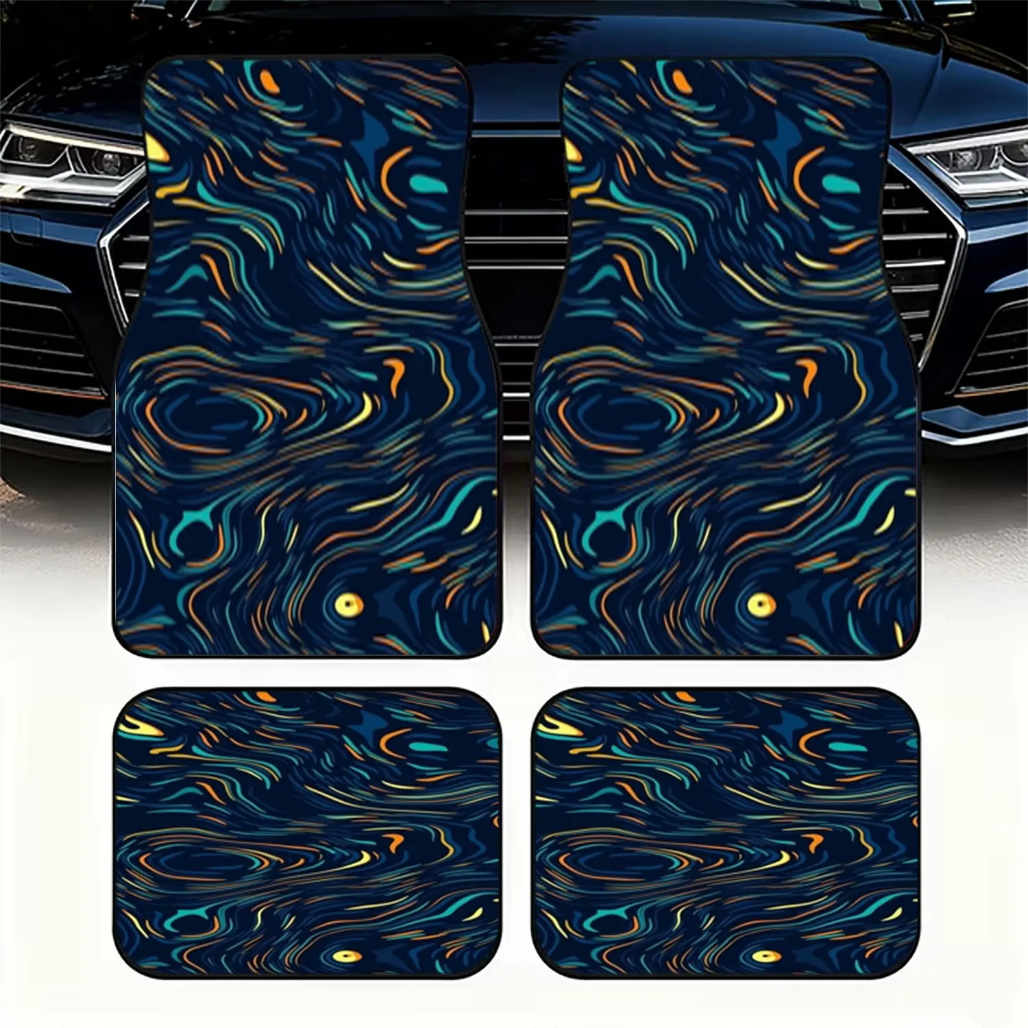 4pcs Car Floor Mats, Material, Abstract Swirling Pattern (Vibrant Yellow, Teal, Orange On Navy/Black), Dynamic Cosmic Design, No