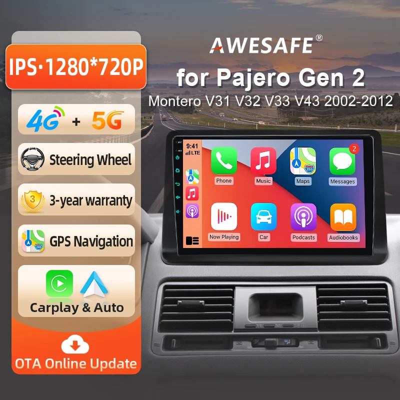 Autoradio Android AWESAFE 9 pouces pour Mitsubishi Pajero 2 V20 V30 V40 1991 1992-2004, CarPlay sans fil et Android Auto, navigation GPS, support multimédia, commande au volant, amplificateur de subwoofer, caméra arrière, prise EU, Plug and Play, autoradio numérique DAB+, autoradio 2 DIN, BT