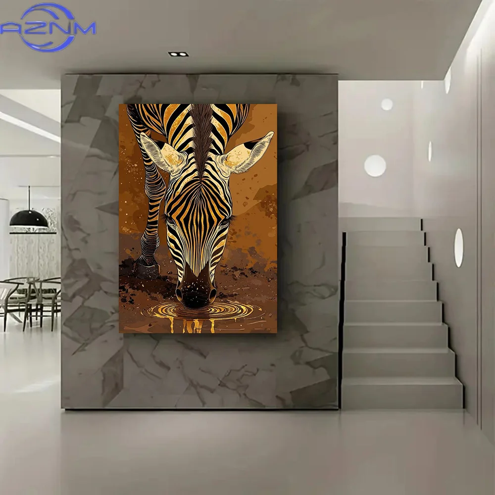 Zebra Drinking Water Poster and Prints Modern Abstract Animals Art Canvas Painting Wall Art Picture for Living Room Home Decor