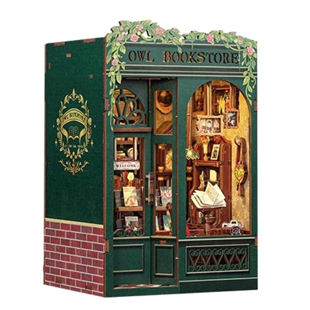 AB31 DIY Book Nook Owl Bookstore Kit, 3D Wooden Puzzle Bookend for Bookshelf Decor, with Light Model Kits for Adults