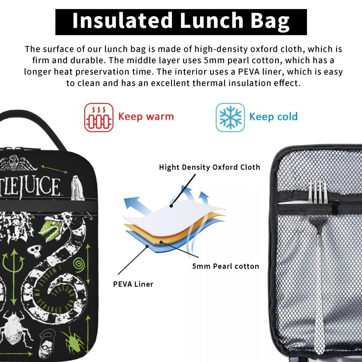 B-Beetlejuice Poster Merch Insulated Lunch Bag For Office Halloween Food Storage Bag Portable Cooler Thermal Lunch Box