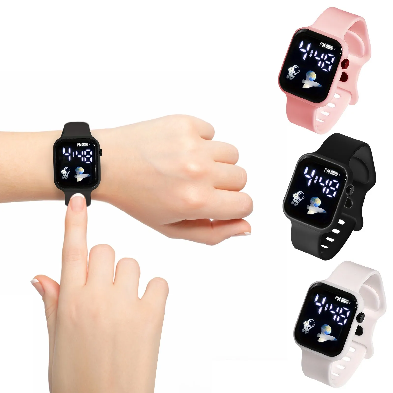 Children'S Watch Suitable For Students Outdoor Electronic Watches Led Screen Display Time Watch Square Dial Silicone Strap Watch