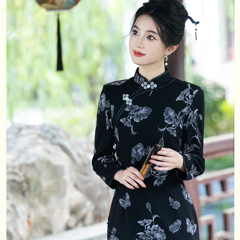 Print Flower Mandarin Collar Cheongsam Black Elegant Gentle Qipao Sexy Split Vestidos Oriental Bride Wedding Dresses Party Gown