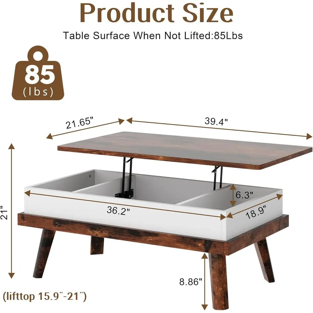 Rustic Brown Lift-Top Coffee Table with Hidden Storage, Versatile for Living Spaces and Offices