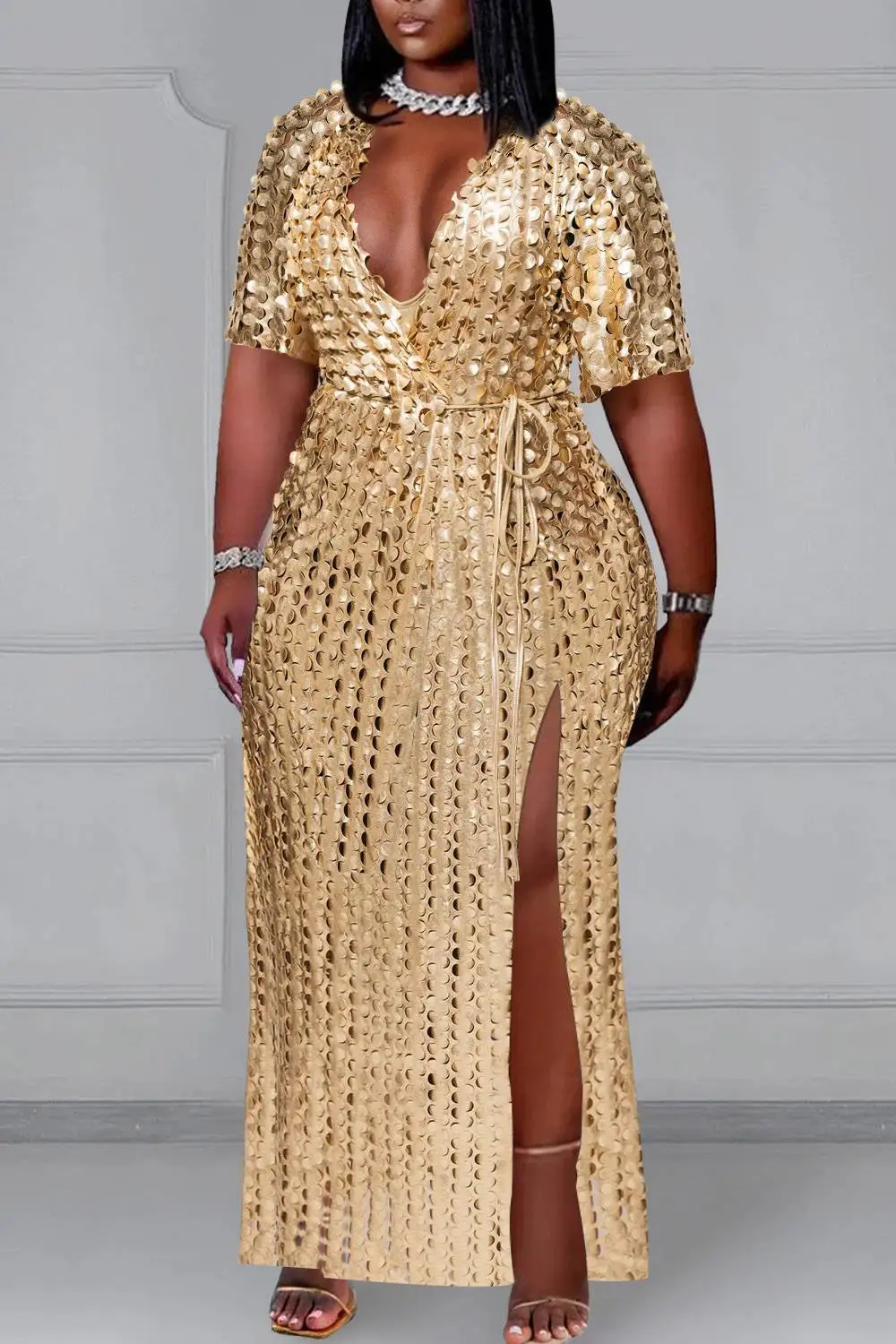 Plus Size Party Gold V Neck Short Sleeve Split Maxi Dresses