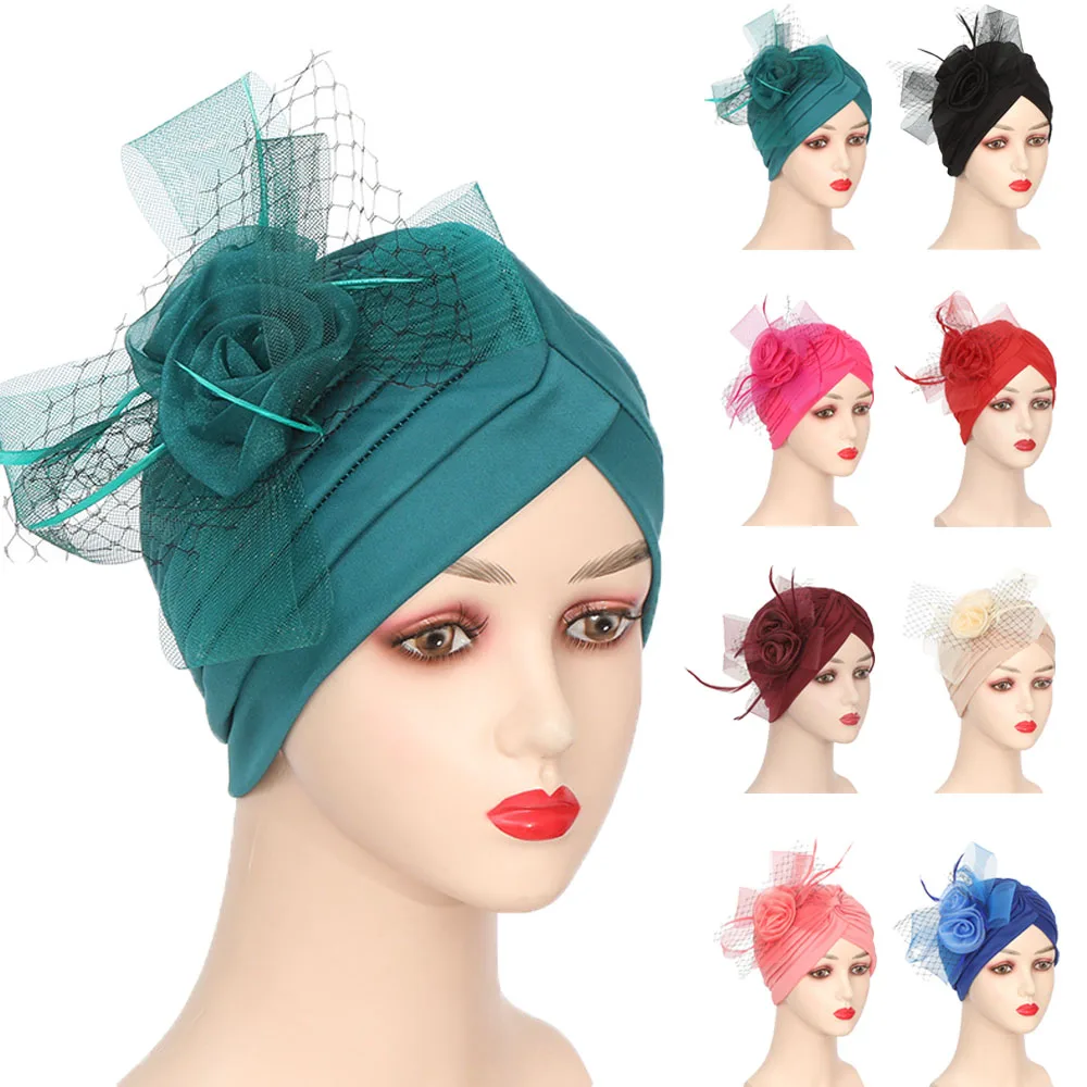 Latest African Headties Women Wedding Party Flower Feather Caps Ready To Wear Turban Muslim Hijab Female Headscarf Bonnet Hats