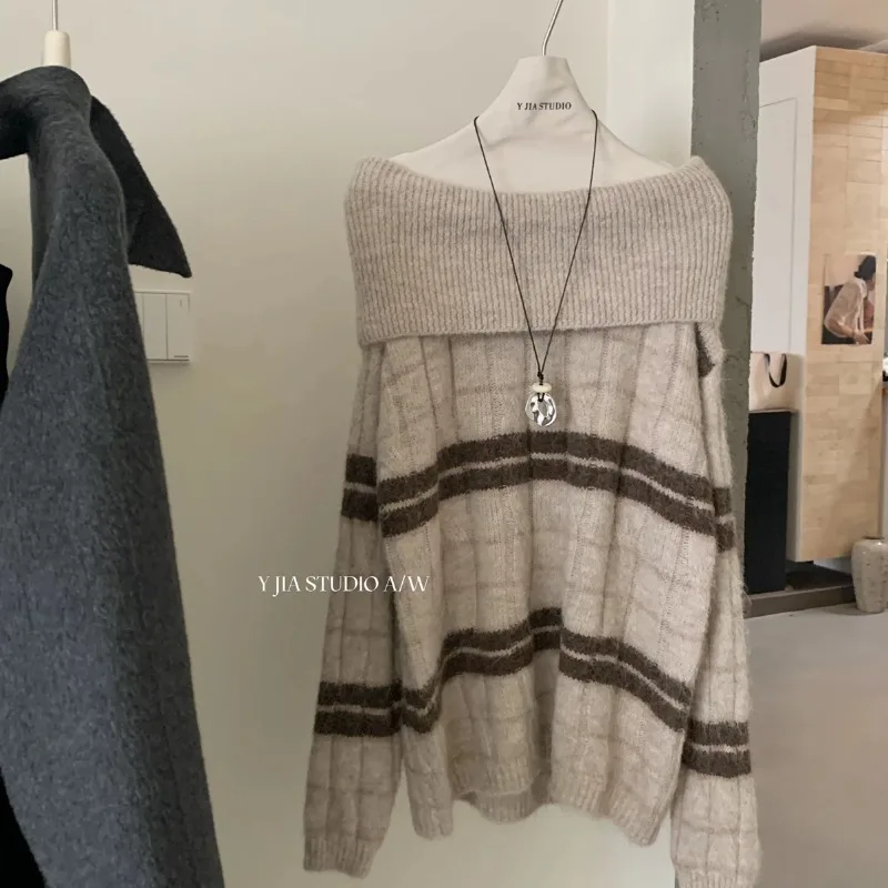 مزاجه واحد الكتف التباين سترة مخططة المتخصصة تنوعا عارضة مخطط فضفاض الكورية نمط السترة #3