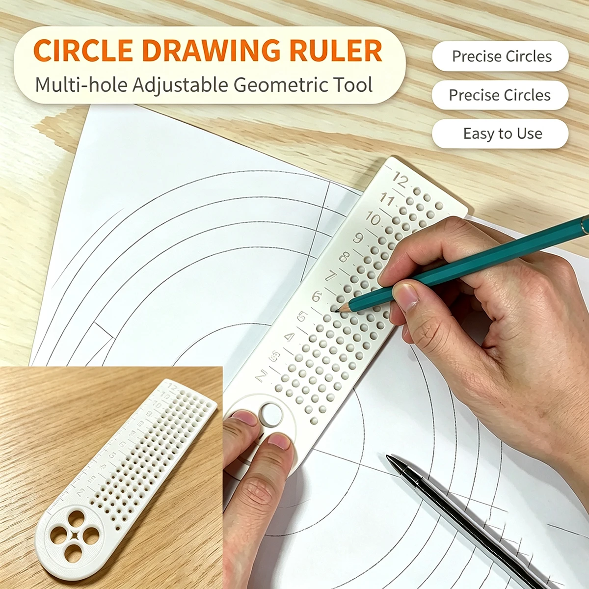 White Porous Adjustable Circle Drawing Ruler, Multi-Hole Positioning Simple Drawing Tool, Student Hand-Drawn Concentric Circle Geometric Drawing Ruler