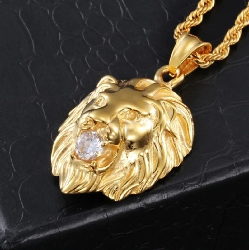 Domineering Lion Animal Zircon Crystal Pendant Necklace Men's Fashion Punk Trend Hip Hop Cool Jewelry Gift