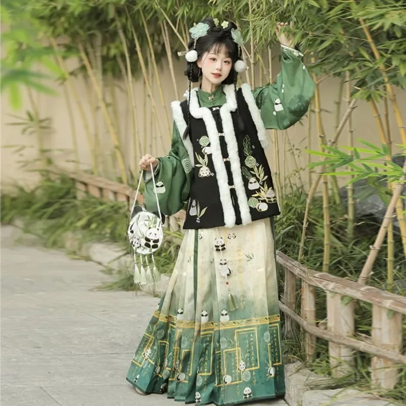 Winter Ancient Chinese Women Costume Black Padded Vest Green Long Sleeve Top Panda Print Skirt 3 Piece Set Girl Hanfu Dress