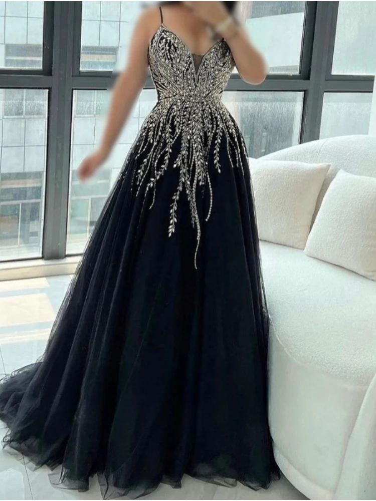 Elegant Luxury Black Beading Evening Dresses V Neck Crystal A Line Floor Length Women Formal Special Occasion Dress Party Prom