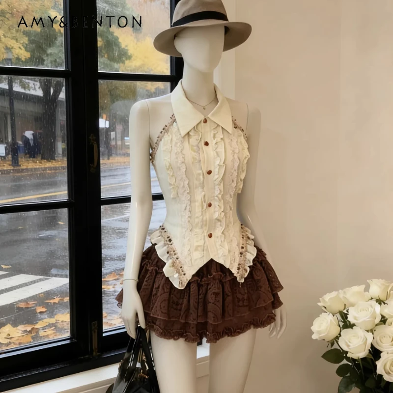 

Hot Girl Short Skirt Women's Suit 2026 New Lace Hollow Out Splicing Neck Vest Sexy A-line Mini Skirts Two-piece Suits Ladies