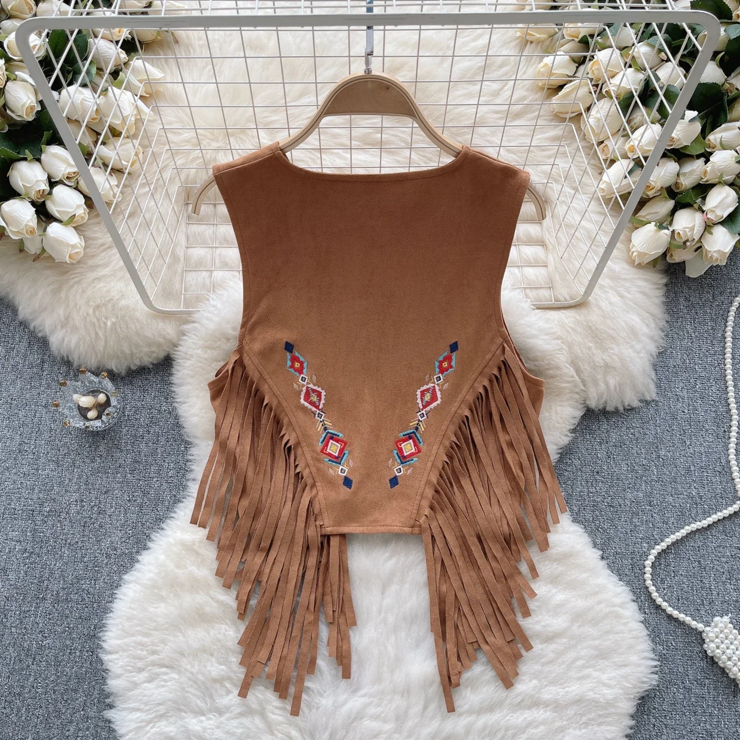 Bohemian Vests Top Women for Women Geometric Embroidery Tassel V-neck Sleeveless Coats Outwear Chalecos Summer Dropshipping