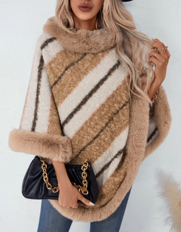 

Women's Retro Art Cardigan 2024 Autumn Winter Latest Cloak Hairy Collar Striped Knitted Shawl Coat Sweater Coat Open Front