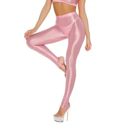 Leggings sexy brilhantes para mulheres, cintura alta transparente, calças elásticas e magras, calças de treino de dança