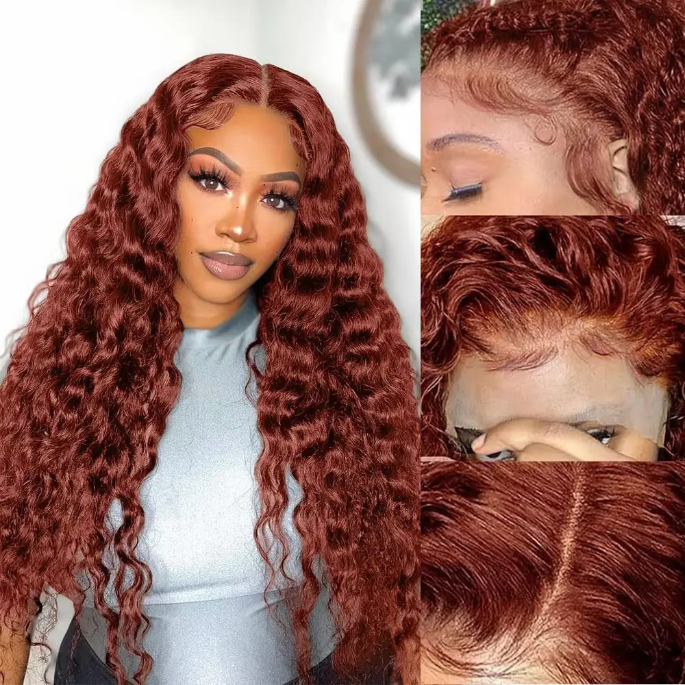 30Inch Deep Wave Lace Front Wigs Human Hair 180 Density Reddish Brown Colored Human Hair Wigs for Black Women 13x4 HD Transparen