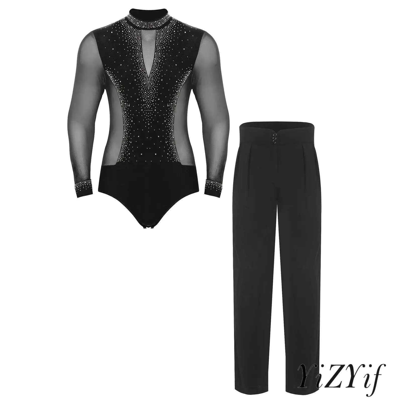 

Mens Figure Skating Latin Dance Performance‌ Outfits Leotard Long Sleeve Glittery Rhinestone Mesh Bodysuit with High Waist Pants