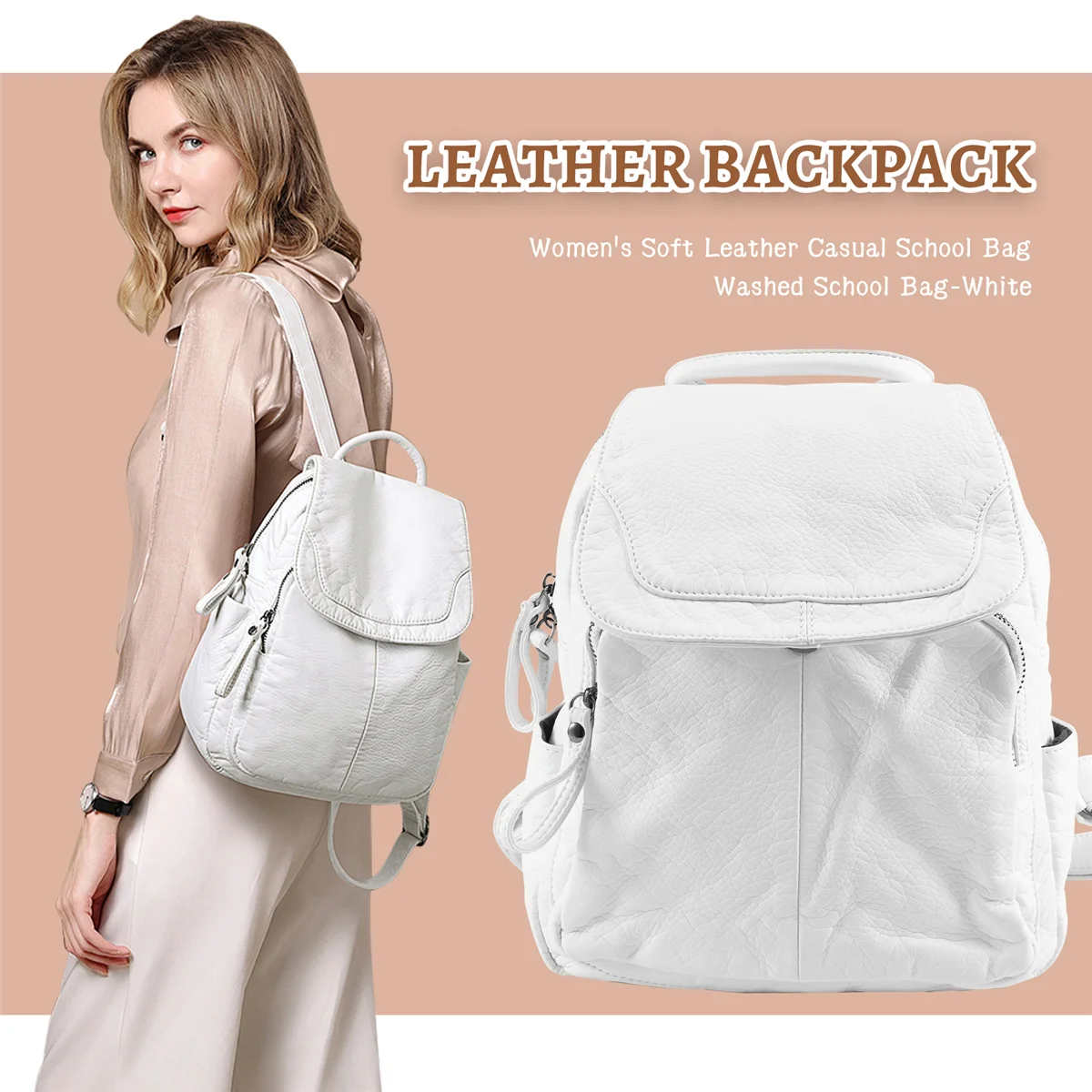 Women\'s Soft Leather Casual School Bag Washed Leather Backpack Girl Travel Small School Bag-White