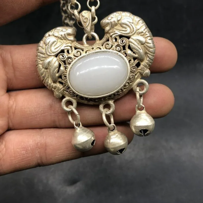 Vintage Old Silver Pixiu Lock Pendant, Inlaid White Beads, Longevity Lock Amulet, Antique Unisex Jewelry