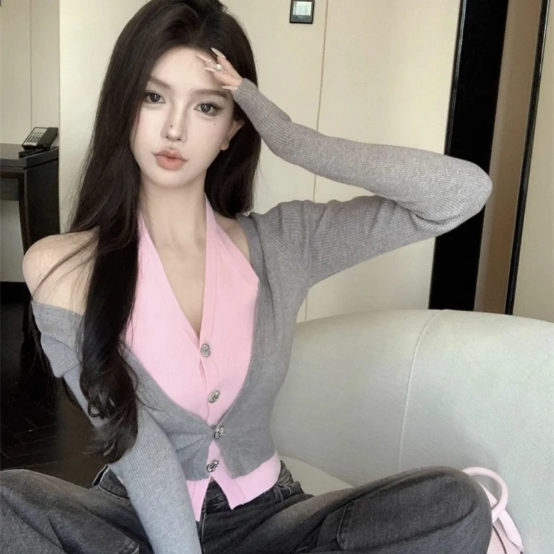 

Fake Two V-neck Patchwork Korean Knitting Cardigan Spring Autumn Contrast Lazy Style Short T Shirt Tops Fashion Women Clothing