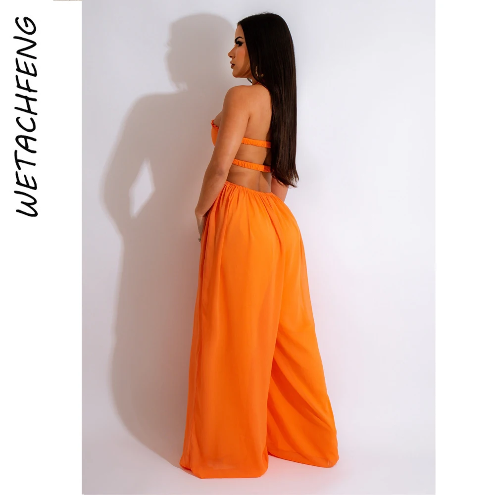 Orange Sexy Slim Women's Jumpsuits Summer Streewtear Ruffles Bra Wide Leg Pants One Piece Overalls For Women 2024 XXL Outfits