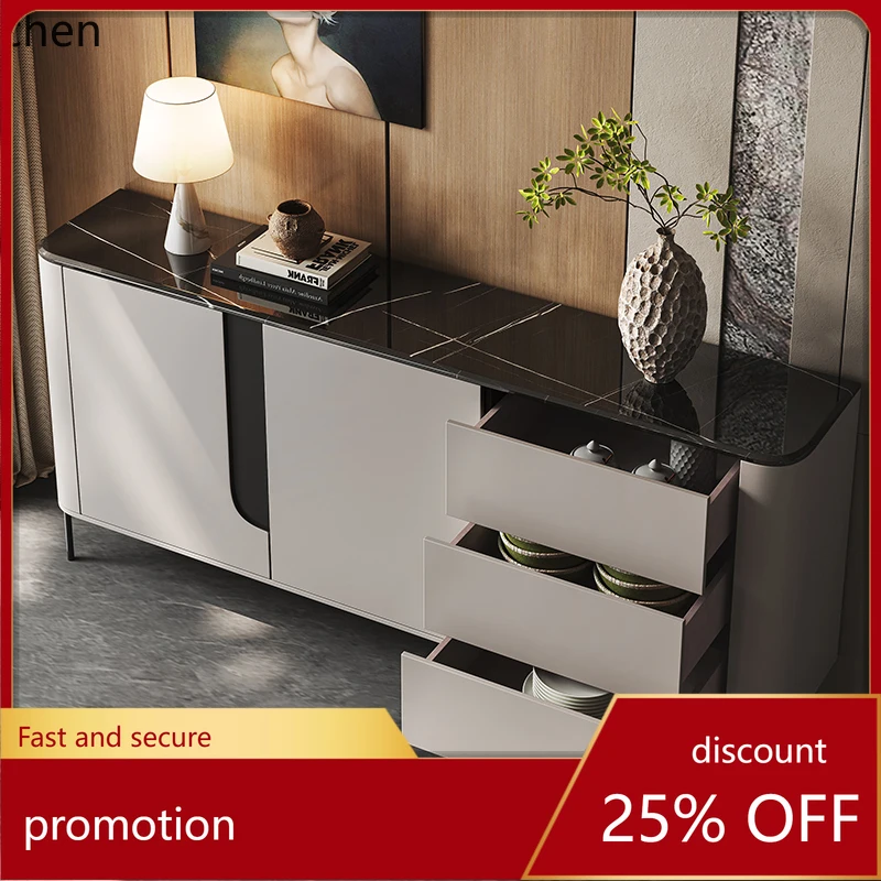 

HT Italian minimalist side cabinet integrated storage cabinet against the wall Solid wood simple marble entrance cabinet