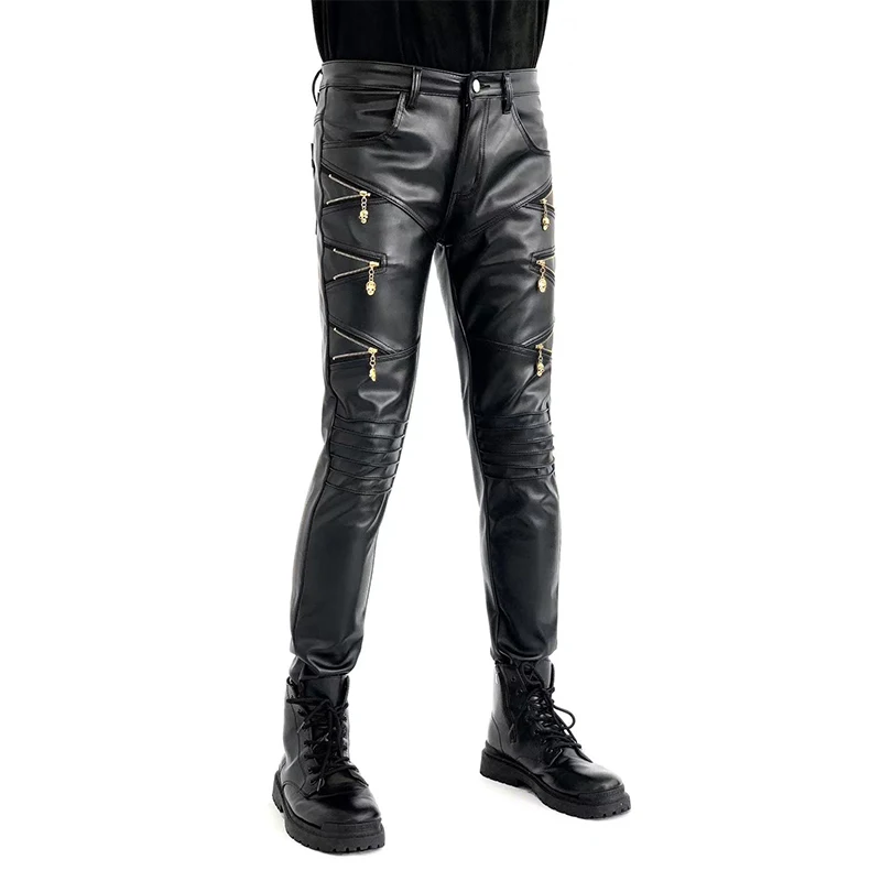 New Arrived Skinny Biker Leather Pants Mens New Faux Leather Biker Trousers for Male Trouser Stage Club Wear