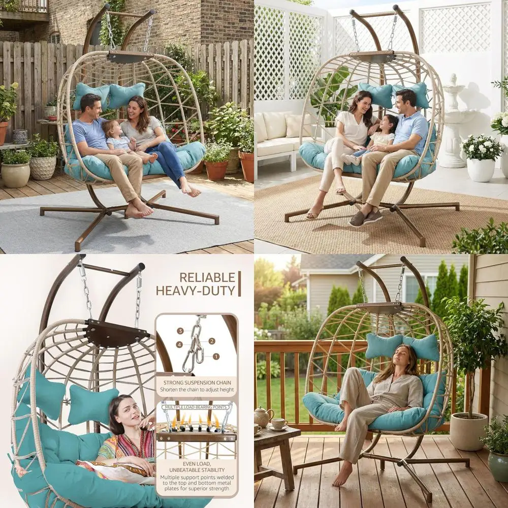 XL Bohemian Hanging Egg Chair with Stand, Weather-Resistant Cushioned Swing Chair for 2, 700lbs Capacity, Turquoise