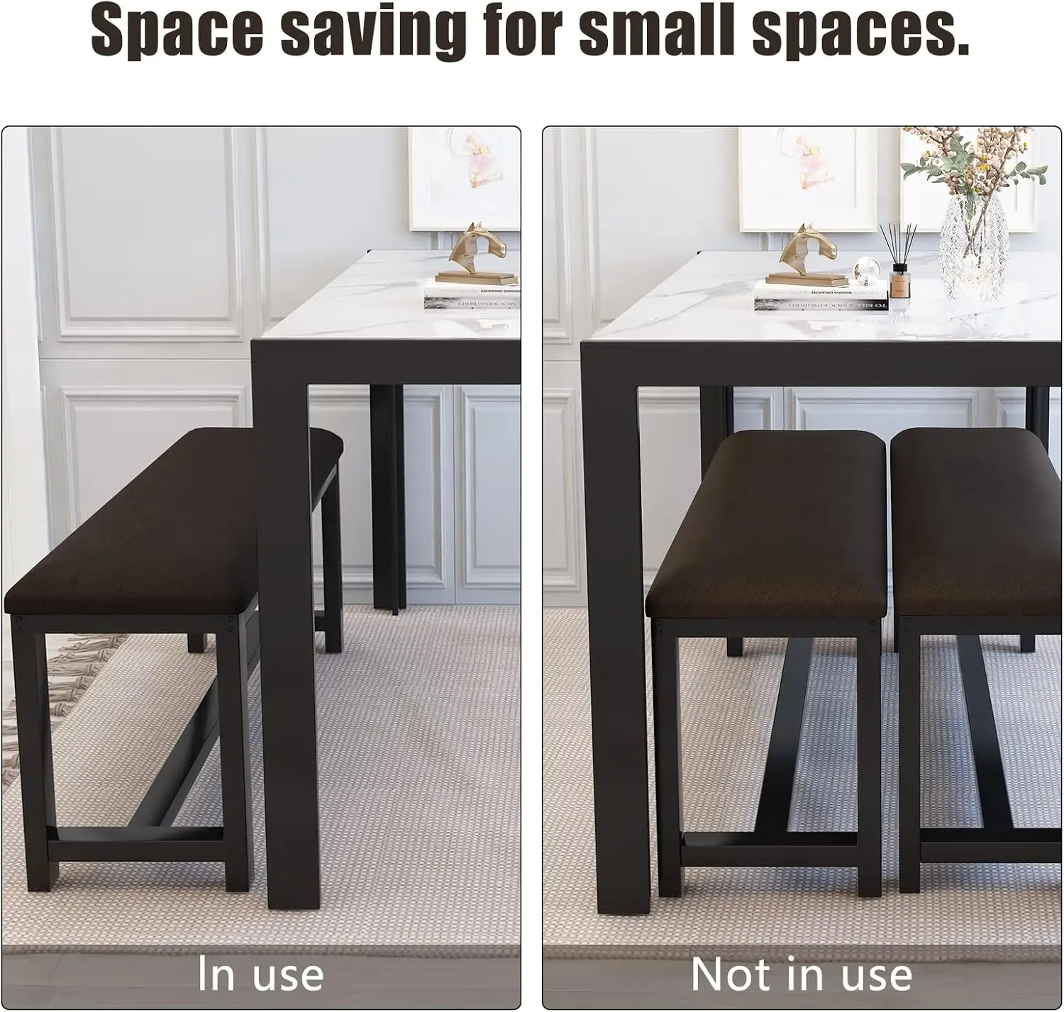 طقم طاولة طعام لـ 4-6، سطح من الرخام الصناعي ومقاعد من جلد البولي يوريثان، أبيض، تصميم مدمج للمساحات الصغيرة