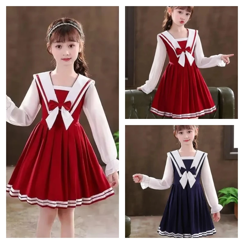 

Горячие кавайные модные топы для девочек, платье для студентов, весна-осень, повседневная рубашка с длинными рукавами и рисунком темно-синего цвета, юбка, детская одежда