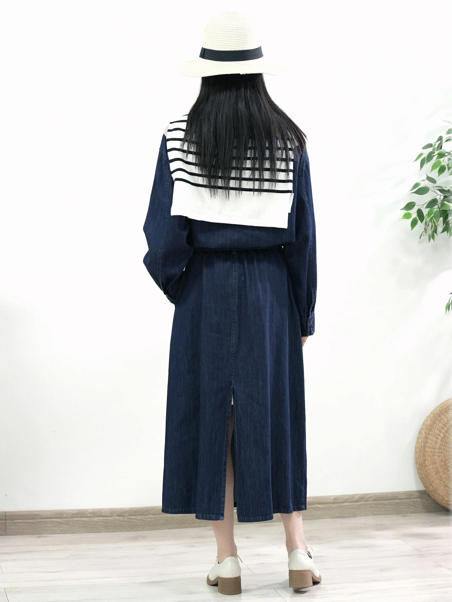 TIYIHAILEY-Long Maxi Single Breasted Denim Dress for Women Long Sleeve Vintage New 2025 Turn Down Collar With Belt Spring Slit