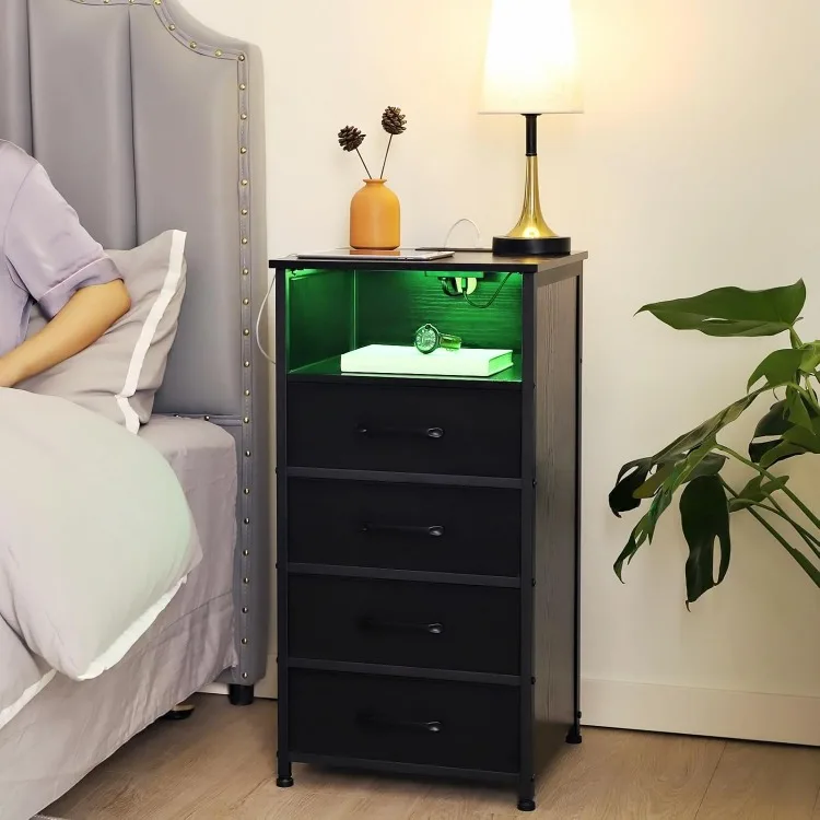 Tall Nightstand with Charging Station, Dresser for Bedroom with 4 Drawers, LED End Tables with USB Ports and Outlets, Bedside