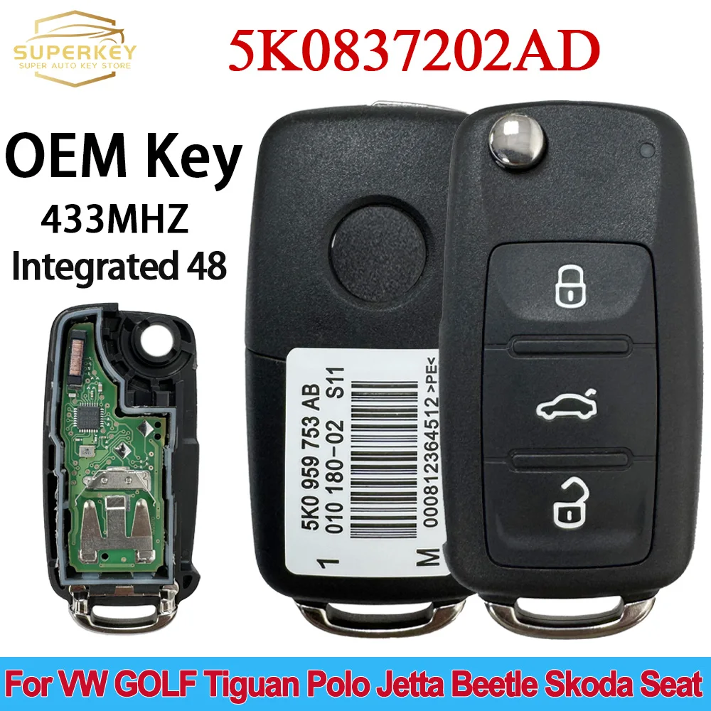 

SUPERKEY 3 кнопки OEM откидной дистанционный автомобильный ключ 434 МГц для VW Caddy Eos Golf Jetta Polo Scirocco Tiguan ID48 брелок 5K0837202AD/202Q