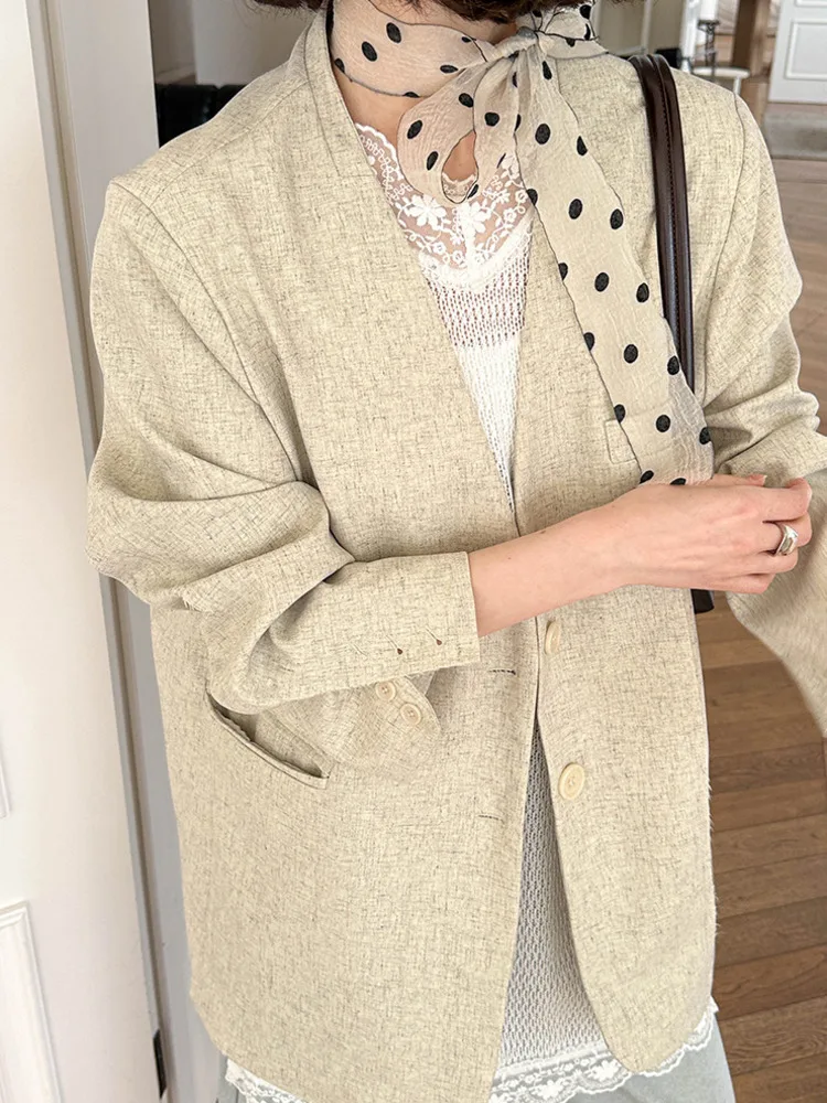 ZMEENNA Blazer léger à col en v pour femme ouvert sur le devant décontracté couleur unie mélange de lin vêtements d'extérieur avec poches pour l'automne ZM3801