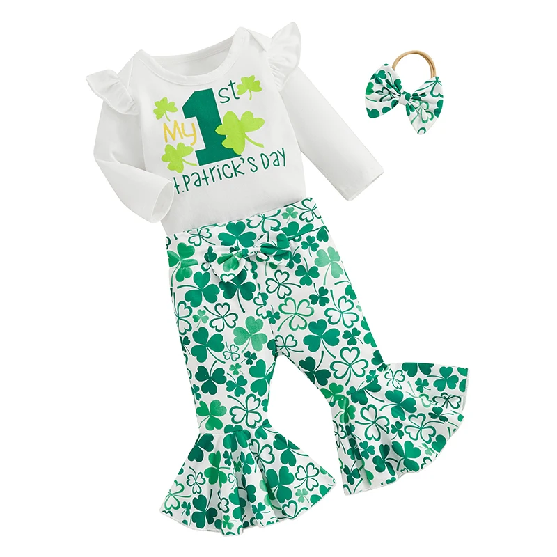 

Infant My 1st St Patrick s Day Baby Girl Outfit Long Sleeve Romper Clover Shamrock Flared Pants Set Newborn Clothes