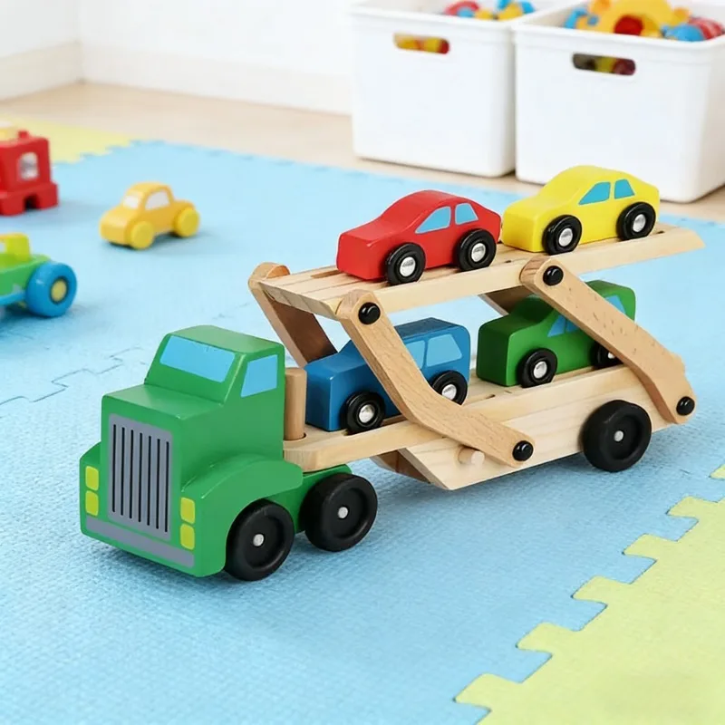 Kinderen Transporter Bouwstenen Houten Dubbellaags Automodel Valbestendig Kleur Cognitief Ouder-kind Interactiespeelgoed
