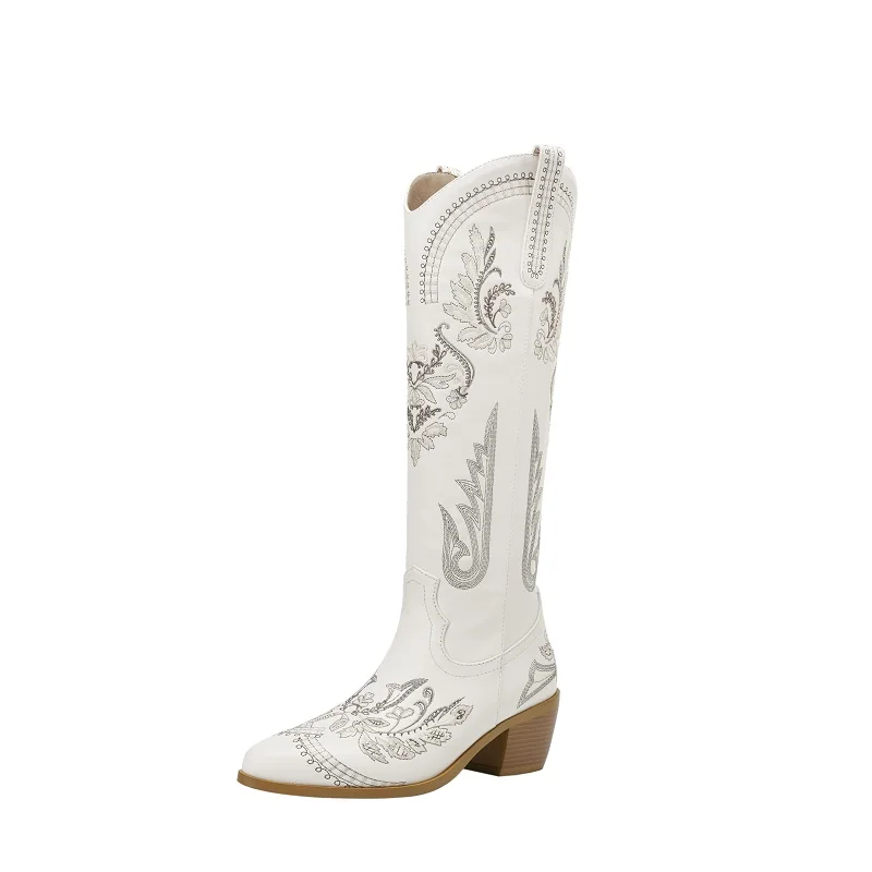 Women Western Boots Pointed Toe Sid Zip Mid-Calf Stitched Botas Cowgirl Boots Woman Embroidery  Chunky Heel Street Shoes