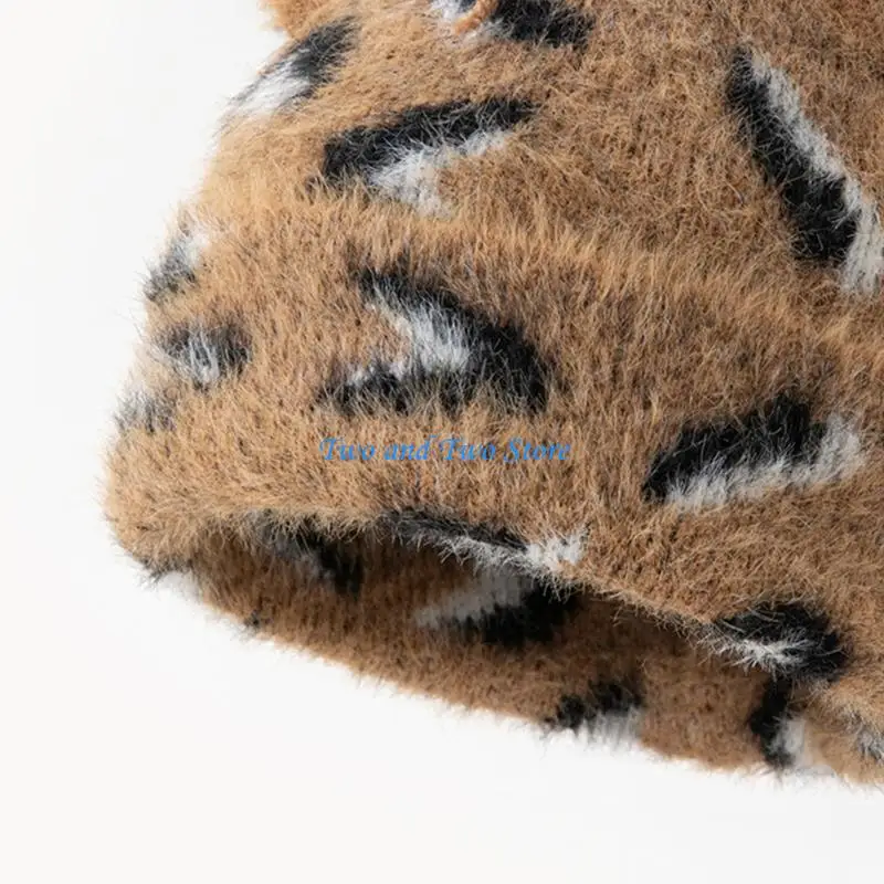 

HX6F Leopard Pattern Knitted Hat with Cats Ear Unisex Pullover Hat For Winter Outdoor