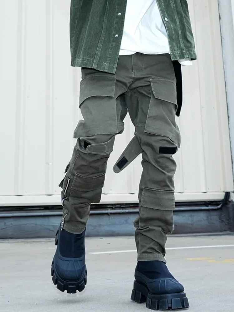 Washed Retro Army Green multi-pocket zip-up Cargo Pants Casual Pants High Street Fashion