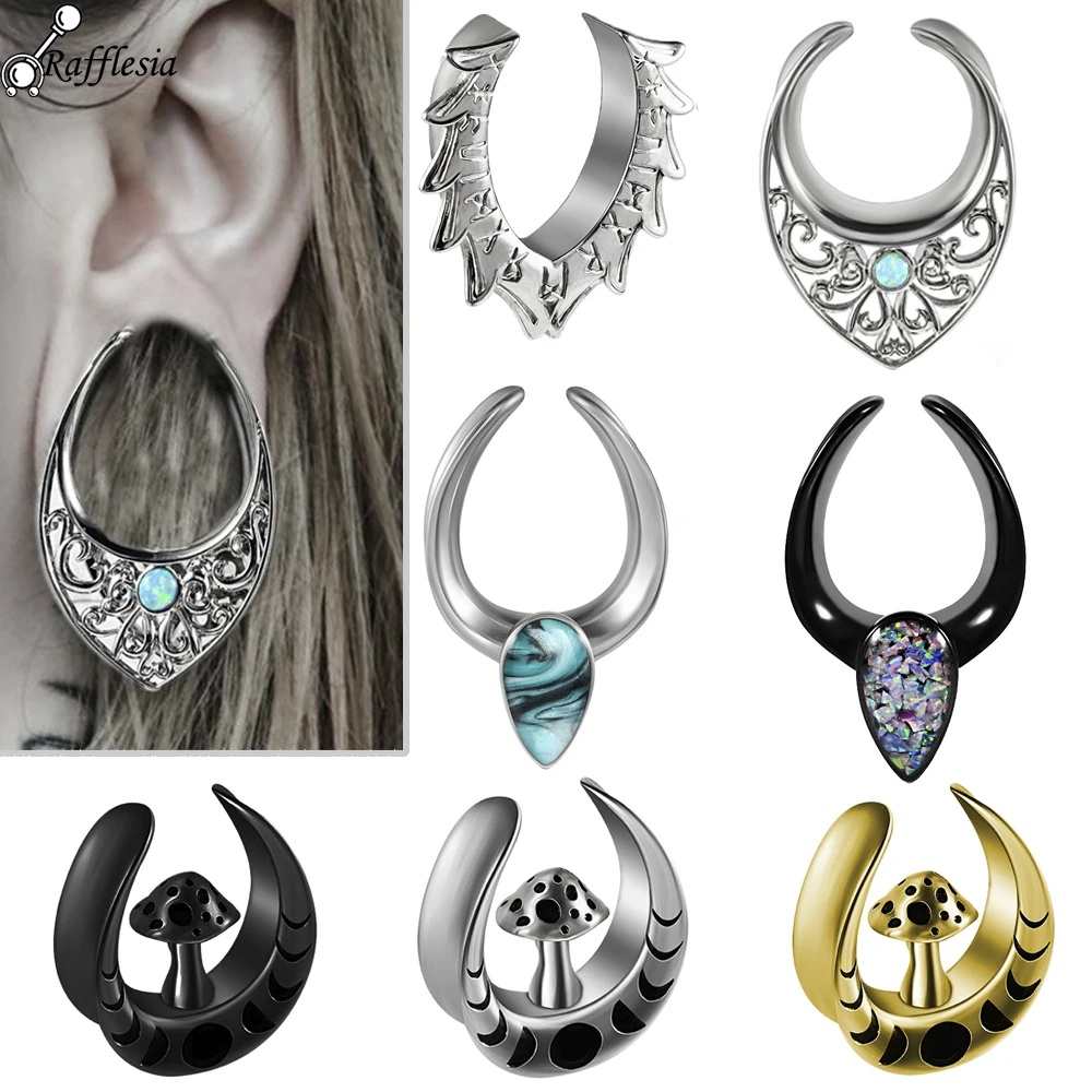 1PC OPal Stone Circular Tunnel Plug Gauge Earrings Stainless Steel Wings Mushroom Ear Gauge for Stretched Ears Stretcher Jewelry