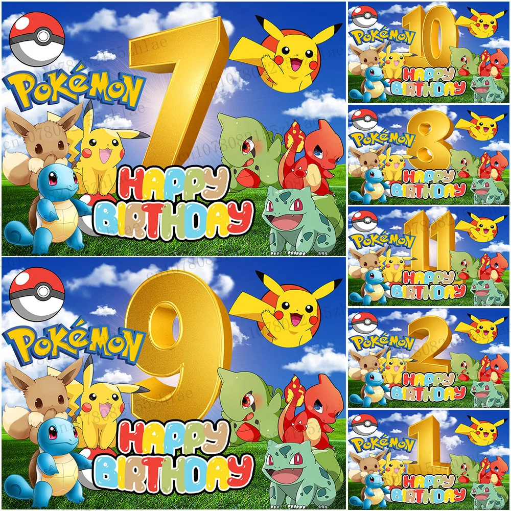 

Pokemon Birthday Party Photo Background From 1st to 11th birthday Photo Backdrop Banner Baby Shower Photography Backdrop