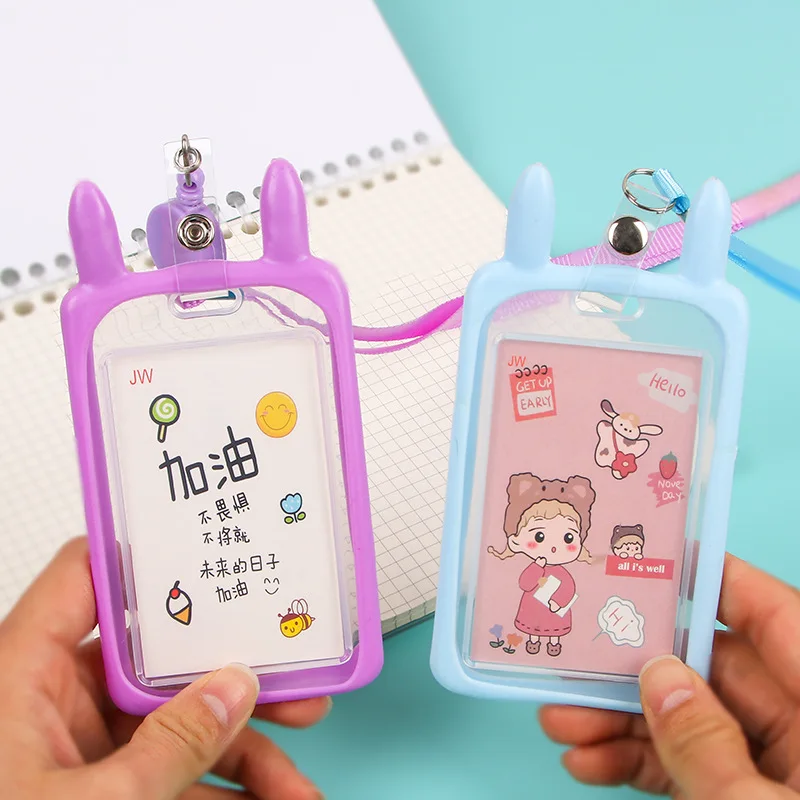 Candy Color Cat Rabbit Ear Silicone Card Holder Simple And Portable Student Meal Card Lanyard Protector ID Card Sleeve