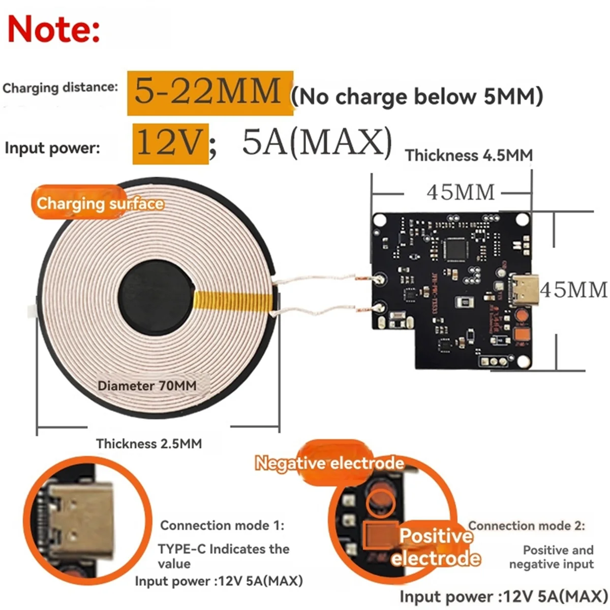 NEW 15W 12V 22MM Long Distance Wireless Mobile Phone Fast Charger Module Transmitter Wireless Charging Module Large Coil