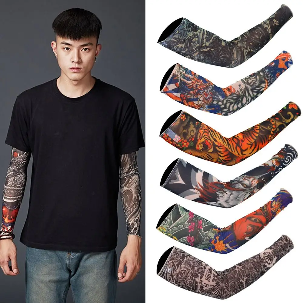 New Flower Arm Tattoo Sleeves Seamless Outdoor Riding Sunscreen Arm Sleeves Sun Uv Protection Arm Warmers For Men Women