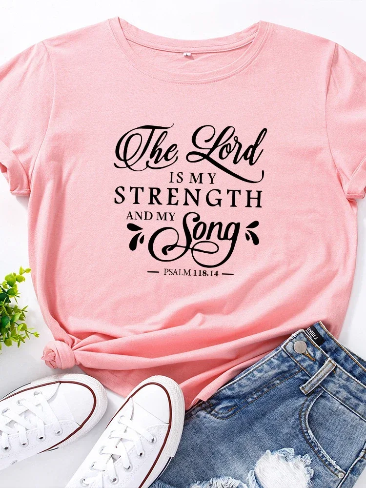 เสื้อยืดพิมพ์ลาย Lord IS My Strength เสื้อยืดคอกลมแขนสั้นทรงหลวมสำหรับผู้หญิงใส่ในฤดูร้อนเสื้อยืดลำลองเสื้อท่อนบน