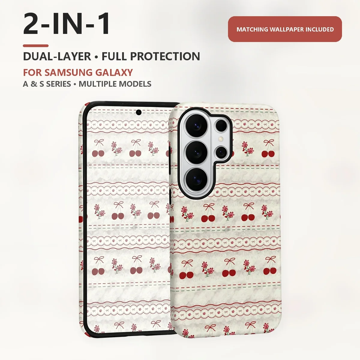 Red Cherry Bow Pattern 2-in-1 Dual-Layer Phone Case for Samsung Galaxy S26 S25 S24 Plus Ultra FE S20 FE A56 A17 A16 A15
