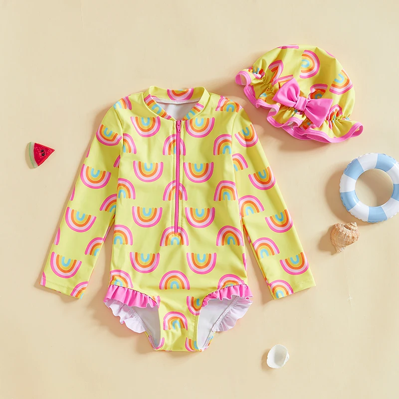 Children s Rainbow Print Long Sleeve Rash Guard Swimsuit with Ruffle Detail and Matching Swim Cap for Girls