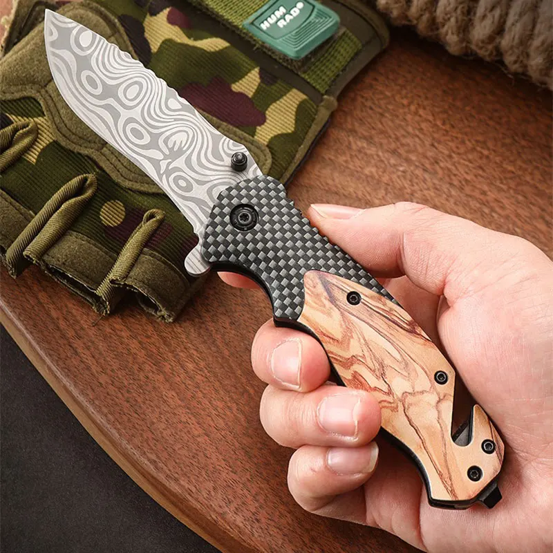 Folding Knife Outdoor Camping Survival High Hardness Folding Knife Portable Multi-Purpose Damascus Pattern Pocket Knife