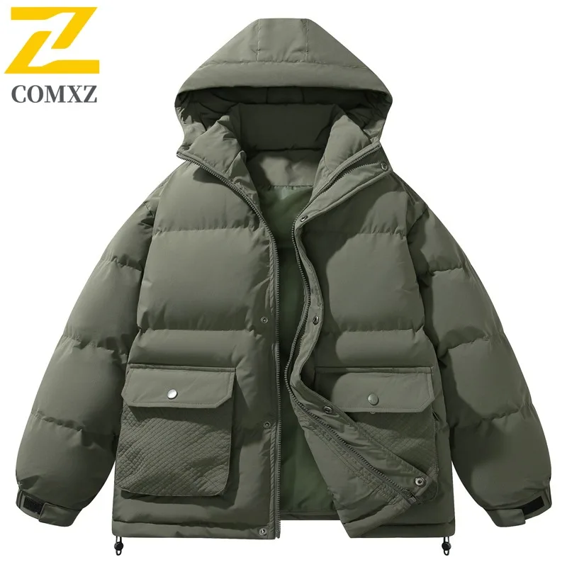 

COMXZ Warm Korean Parker Coat Thick Hooded Minimalist Skiing Cotton Padded Jacket 2025 High Quality Winter Jacket Men's Clothing